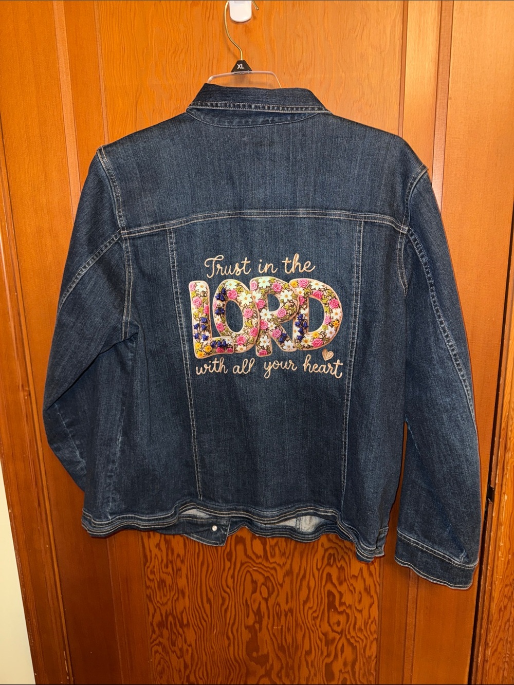 CJ Banks Dark Blue Denim Jacket with Floral LORD Back Embroidery